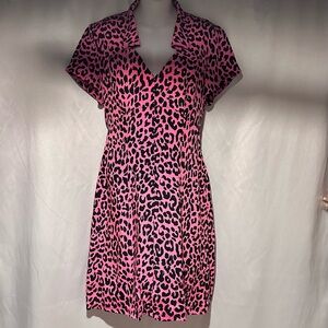 Vintage 90s 100% Silk Leopard Print Dress Pink Black Glam Rock Y2K Sz 10